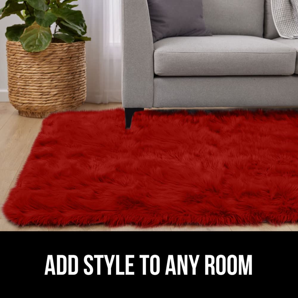 Gorilla Grip Fluffy Faux Fur Rug, 5x8, Machine Washable Soft Furry Area Rugs, Rubber Backing, Plush Floor Carpets for Baby Nursery, Bedroom, Living Room Shag Carpet, Luxury Home Decor, Red