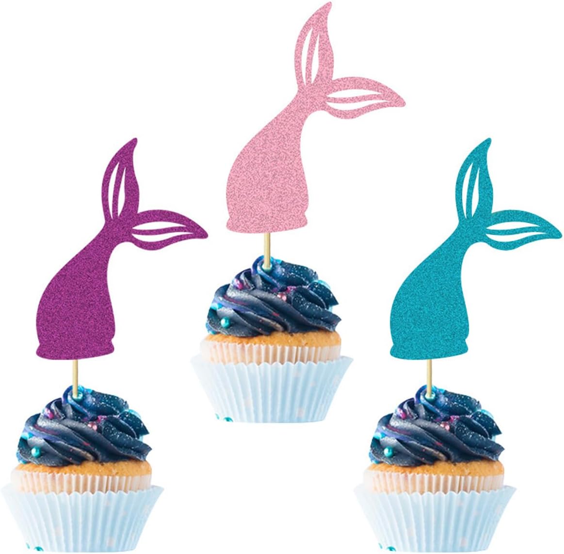 24Pcs Mermaid Tails Cupcake Toppers Glitter Pink & Blue Mermaid Tails Cupcake Picks Baby Shower Kids Birthday Themed Party Cake Decorations Supplies