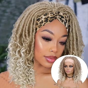 Dreadlock Braided Wigs with Headband Synthetic Goddess Faux Locs Hair Wig with Curly Ends Freetress Twist Crochet Hair Wigs For Black Women and Men Ombre/27/613, Heandband