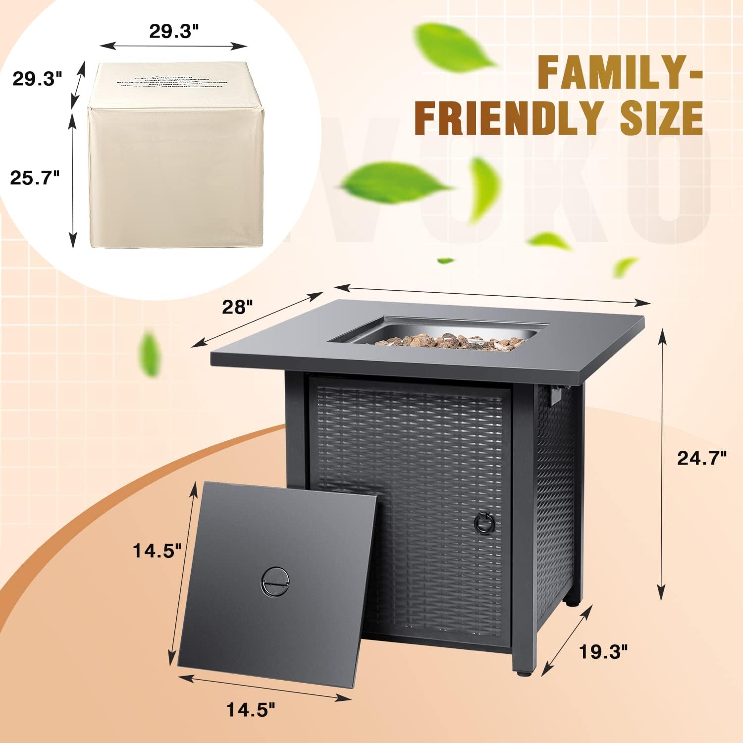 Dimensions of Devoko 28-inch fire pit table and cover