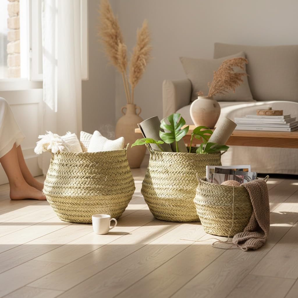 Cesta marroquí de paja trenzada de esparto, redonda, plegable, con asas, 28 x 28 x 33 cm, estilo boho natural, para decoración del hogar