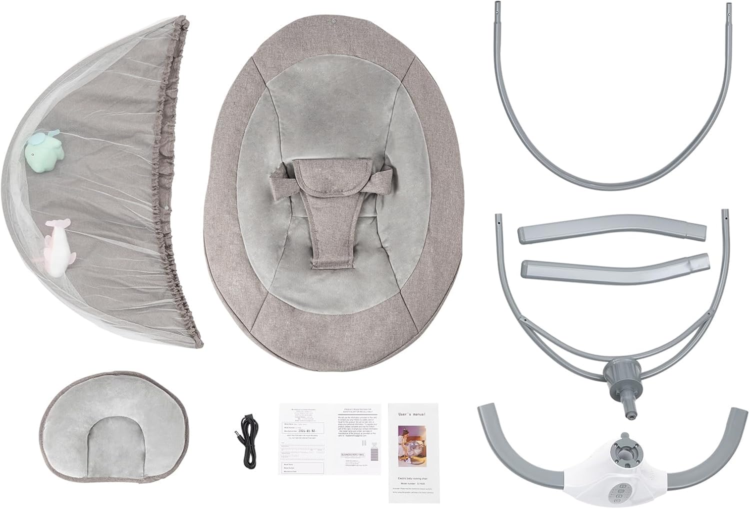 TFCFL Baby Swings for Infants, Foldable Infant Swing Chair Baby Bouncer 4-Speeds with Music Speaker, Netting, Hanging Toys, Seat Cover, Pillow or 0-18 Months Newborn Babies (Gray)