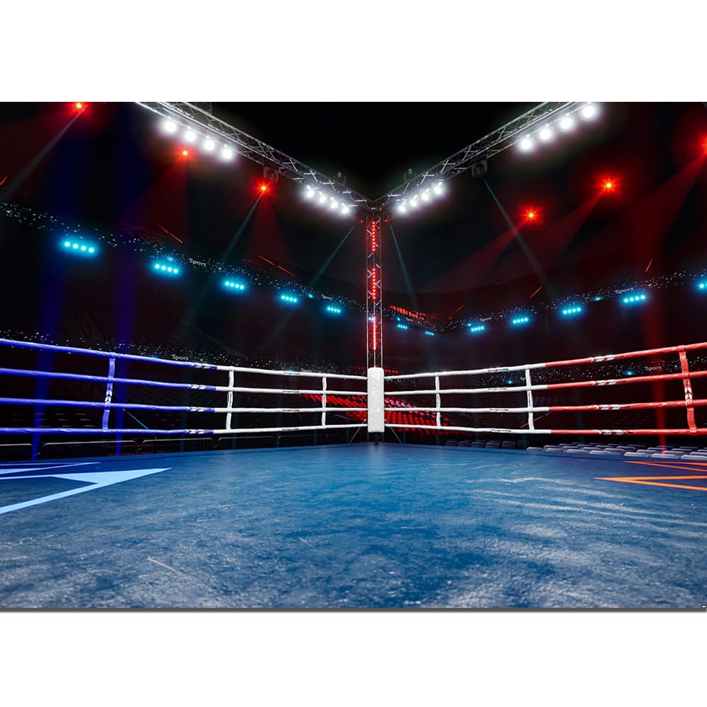 Qian Boxing Ring Backdrop Arena Stage Lights Sport Photo Background for Baby Shower Birthday Cake Table Decor Kids Photoshoot Photo Studio Props 7x5ft