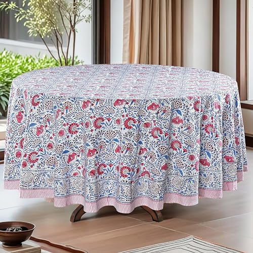 Ridhi Tischdecke aus 100 prozent Baumwolle, Taubenblau & Flamingorosa, r&, Handblockdruck, waschbar, wiederverwendbar, Tischdecke, Bauernhaus-Partys, Buffet, Esszimmer, Hochzeiten, Land, Französisch