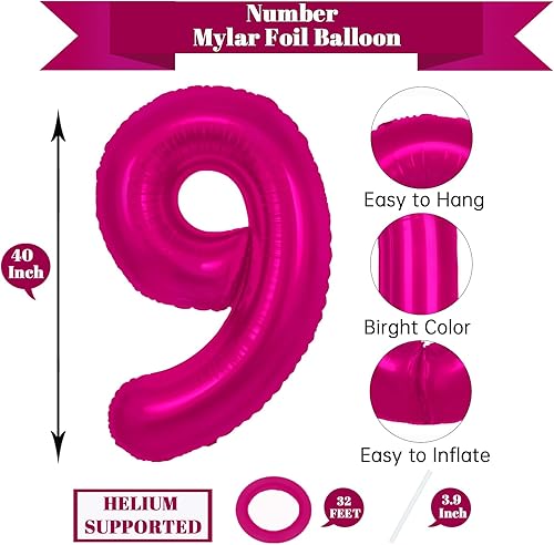 Miniatura 2 de Globo rosa intenso del número 9 de 40 pulgadas, decoraciones de cumpleaños de 9 años, globos rosados de nueve para decoraciones de cumpleaños de 9