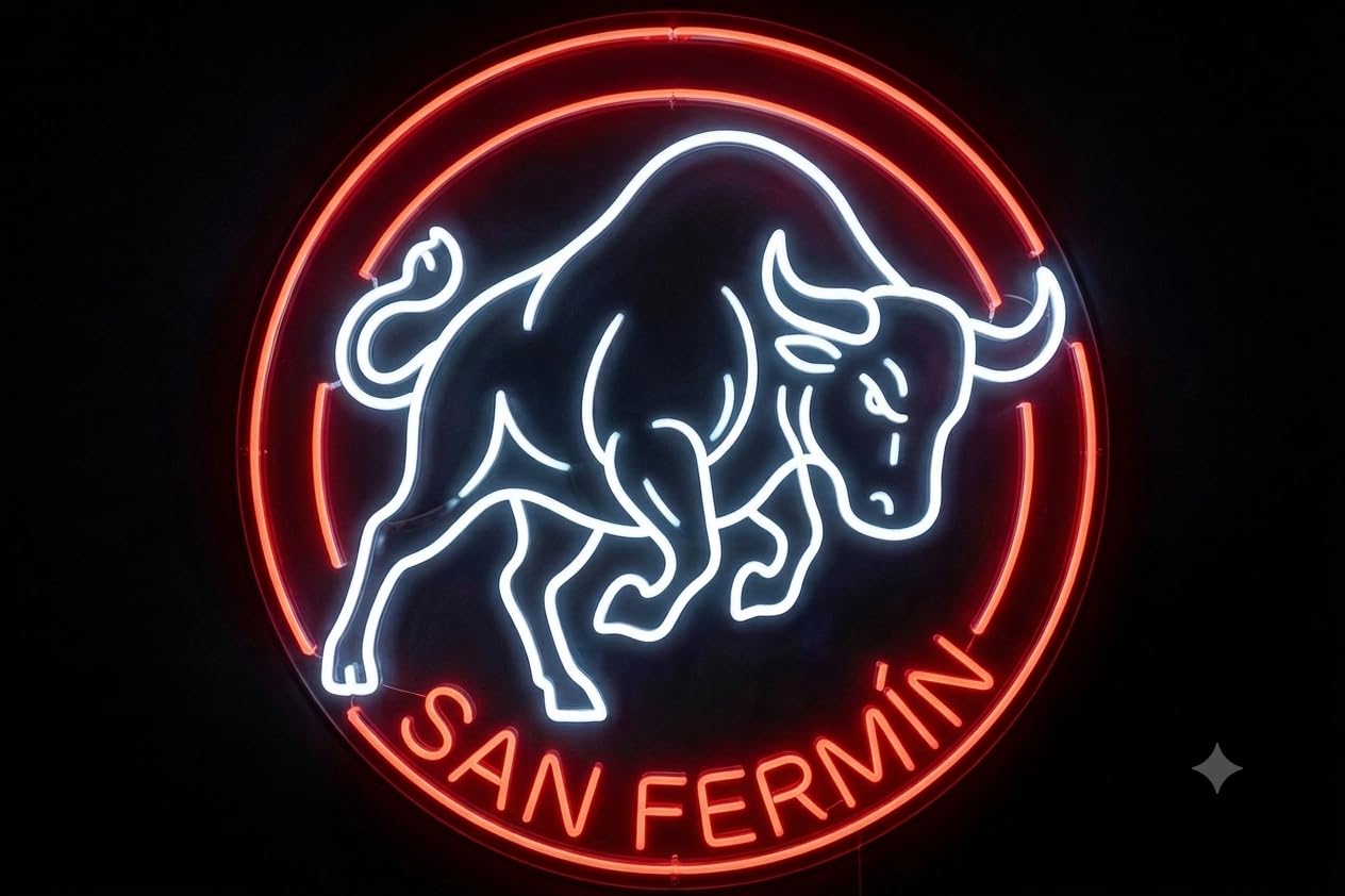 Cartel Neón LED metacrilato transparente San Fermín Encierro Pamplona 7 de Julio medida 75 cm de diámetro alimentación 12v