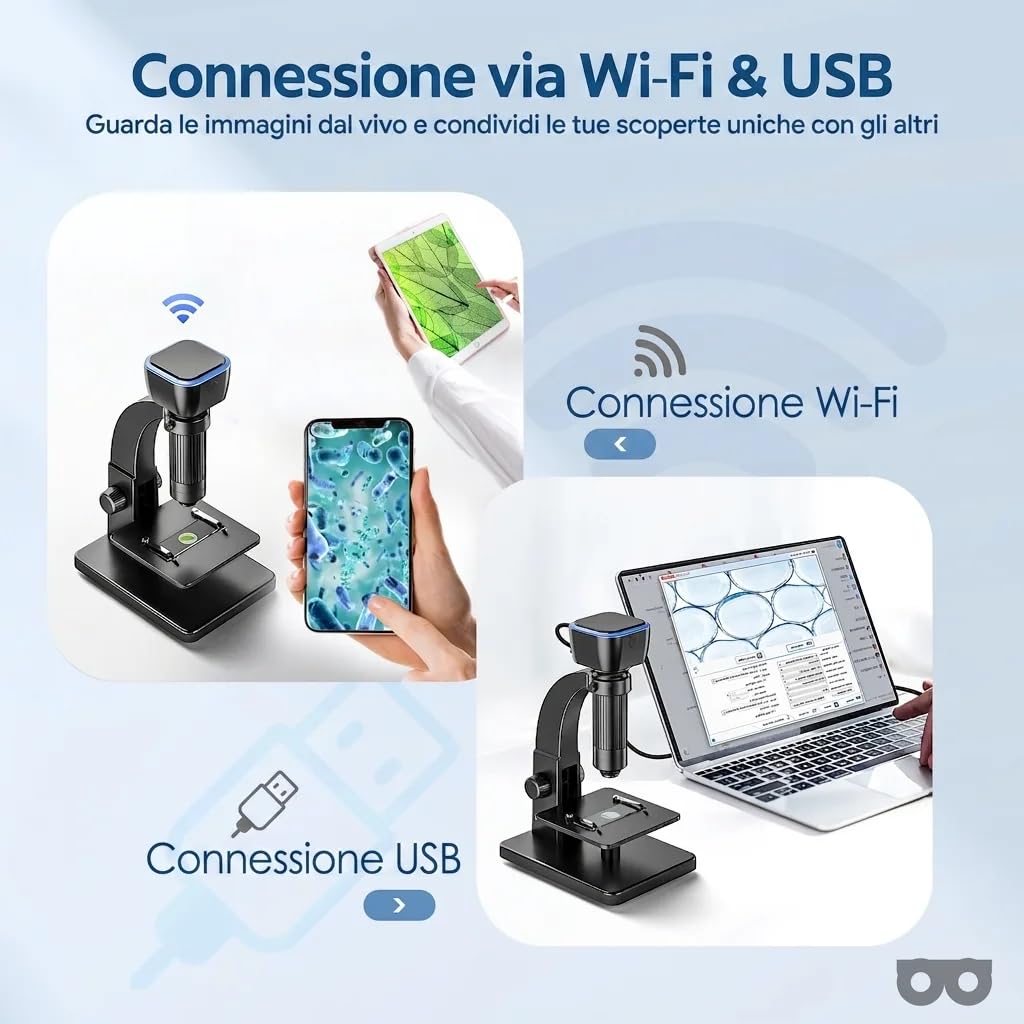 Microscopio Digitale | Ingrandimento 50x-2000x | Wi-Fi e USB | Fotocamera 5 MP e 12 MP | 11 Luci LED | Batteria Ricaricabile | E-Book Microscopia Adulti Incluso