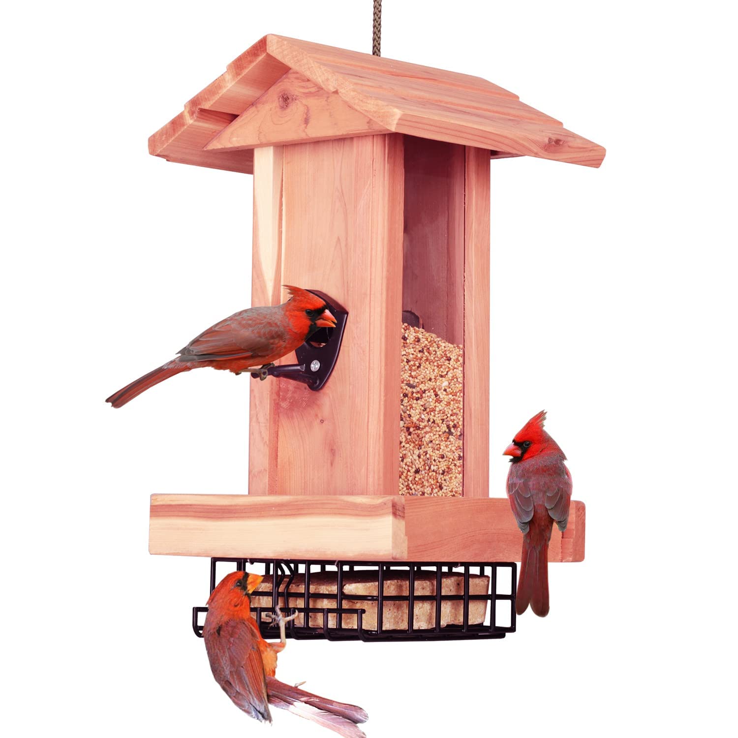 Eastern Red Cedar Four Way Bird Feeder Squirrel Proof Heavy Duty Suet Feeder Holder Cages Longlife Lasting for Outside Wildbird Essentials Patio Yard Hanging Wood