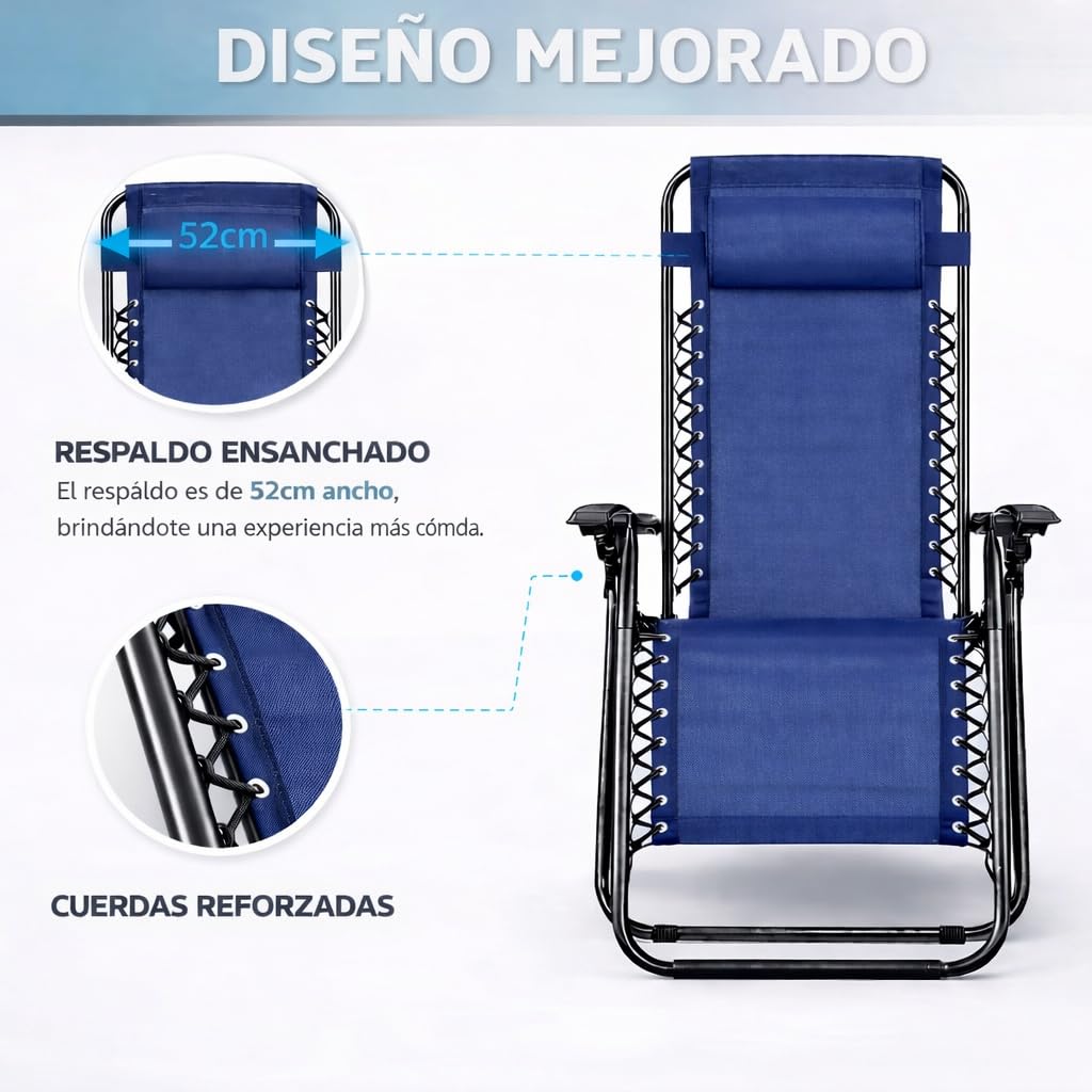 Pack 2 Tumbonas o Sillas de Exterior Plegables para jardín | Playa | Piscina o Terraza | Hamacas Reclinables Camping con Portavasos y Reposacabezas | Hasta 150kg | Silla plegable playa o Tumbona — view 7