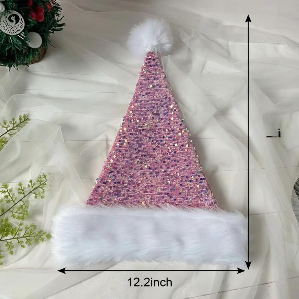 LLUOXI Pink Sequined Santa Hat, Luxury Plush Velvet Christmas Hat for Adults & Kids - Image 2