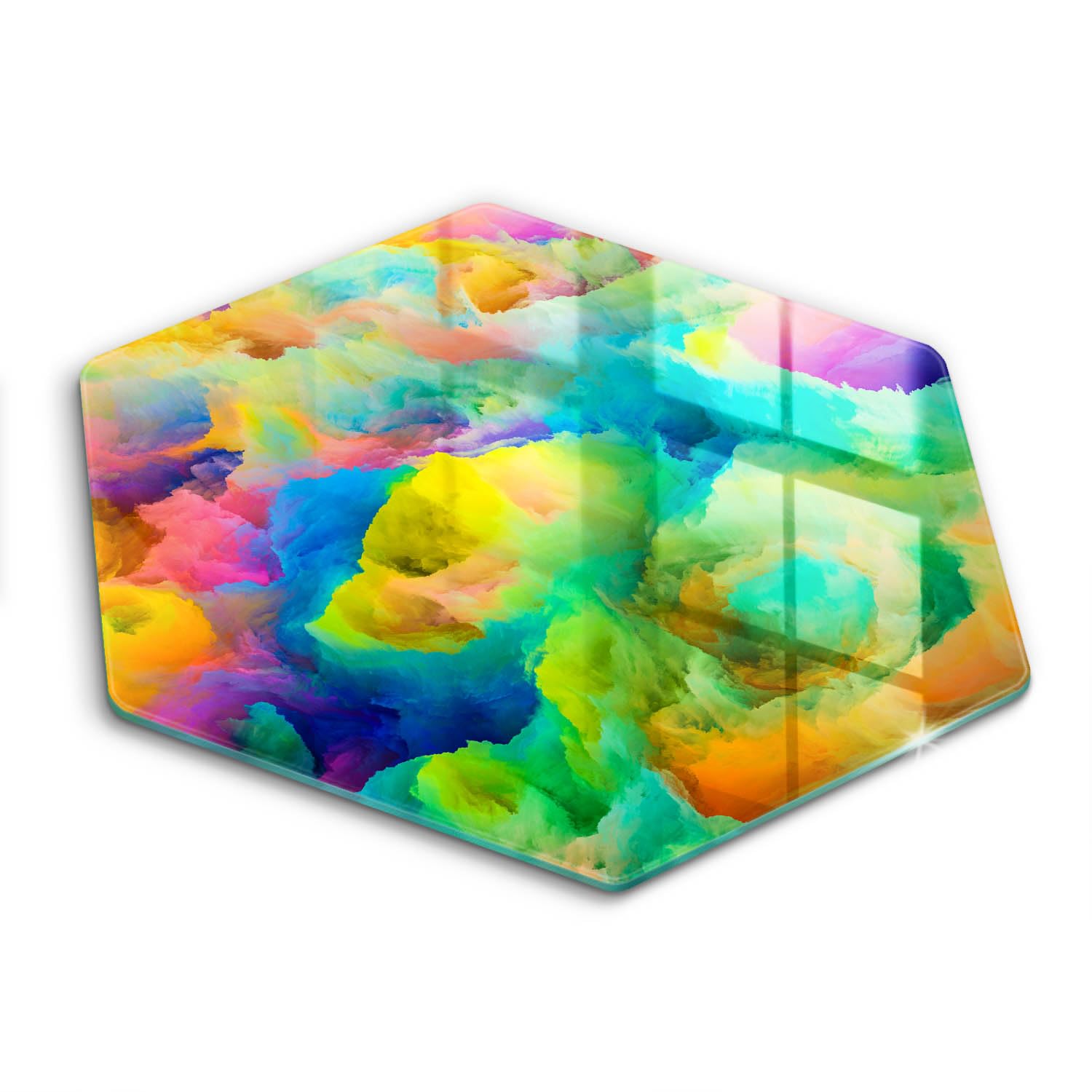 Planche à découper induction forme hexagonale 40cm au design abstraction colorée