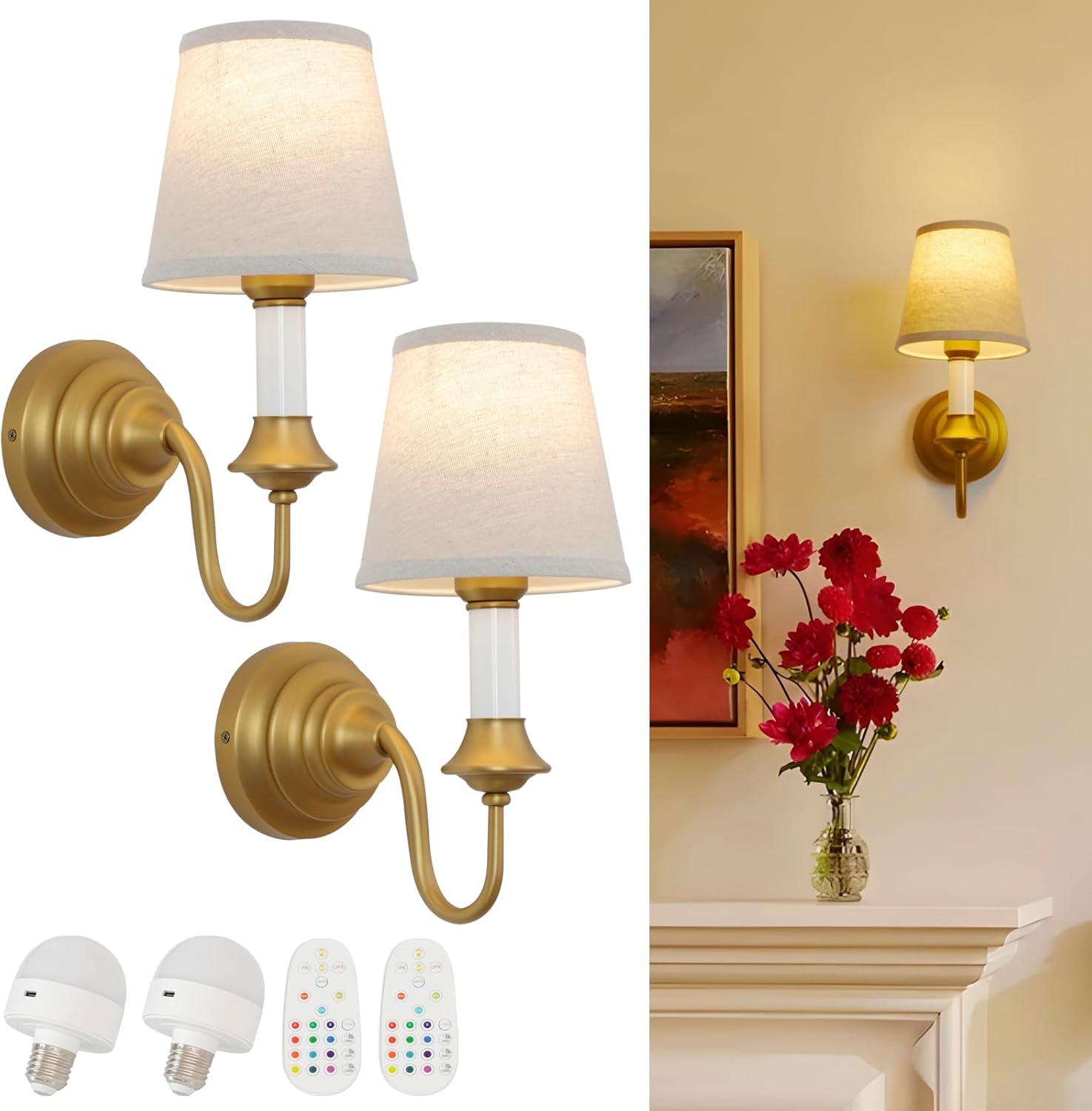Vintage Battery Operated Wall Sconces Set of 2,Brass Gold Fabric Sconce Light with Linen Cloth Shade Dimmable Rechargeable Cordless Wall Mounted Lamp for Bedroom Living Room Hallway