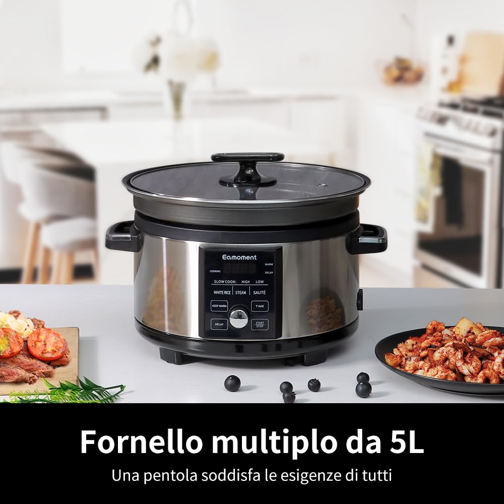 Olla de cocción lenta programable de 5L con temporizador, olla eléctrica multi-cocción 4 en 1,COCCIÓN LENTA ALTA/COCCIÓN LENTA BAJA/ARROZ BLANCO/CIERRE AL VAPOR/AGITAR/ALARMA/DELAY