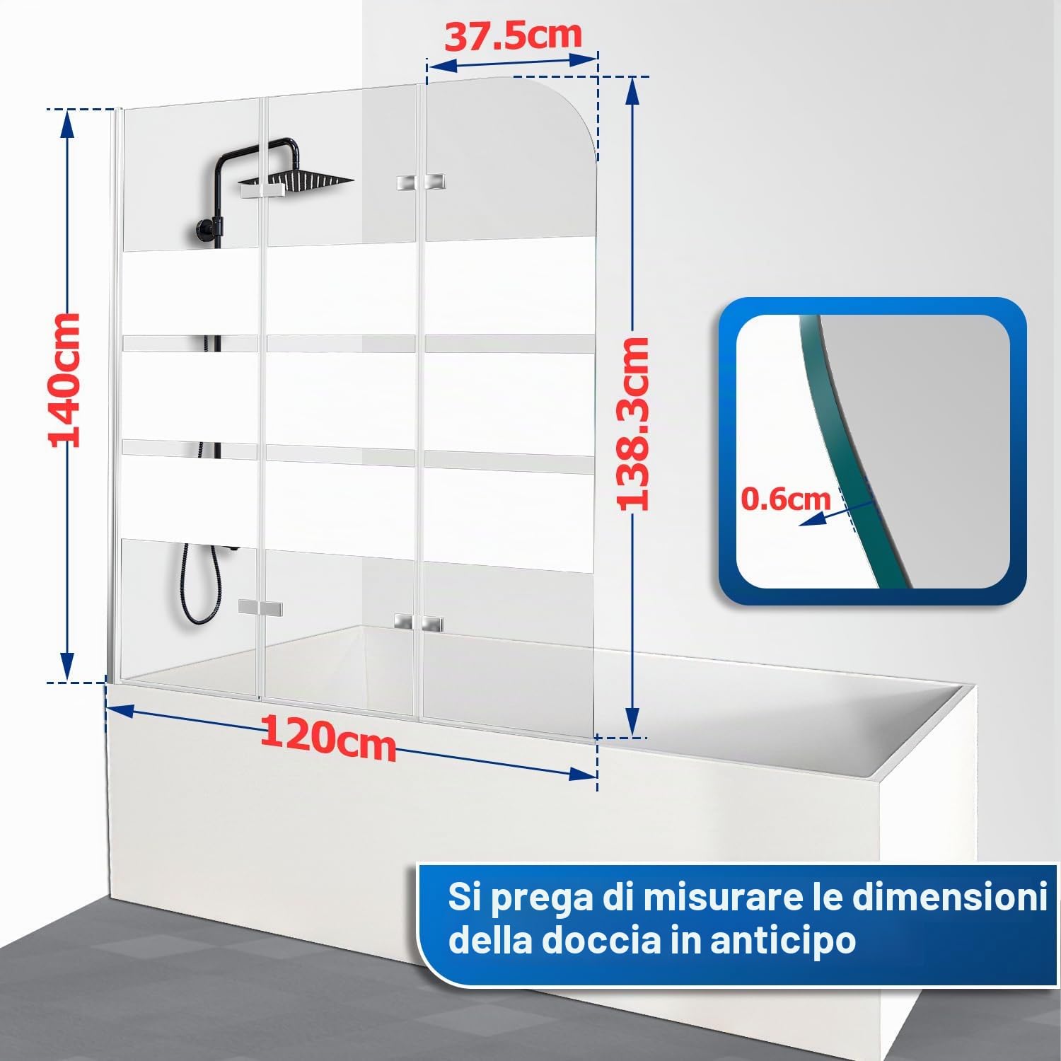 Pannello doccia pieghevole per vasca da bagno, 120 x 140 cm, 3 pezzi, in vetro ESG, divisorio pieghevole con rivestimento nano, strisce bianche