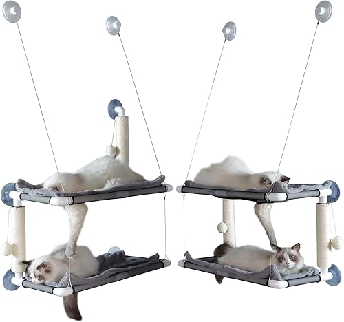 HOZOE Cat Window Perch A Large Double-Layer Cat Hammock That Can Accommodate Multiple Cats at The Same Time with Two Scratching Posts Indoor Cat