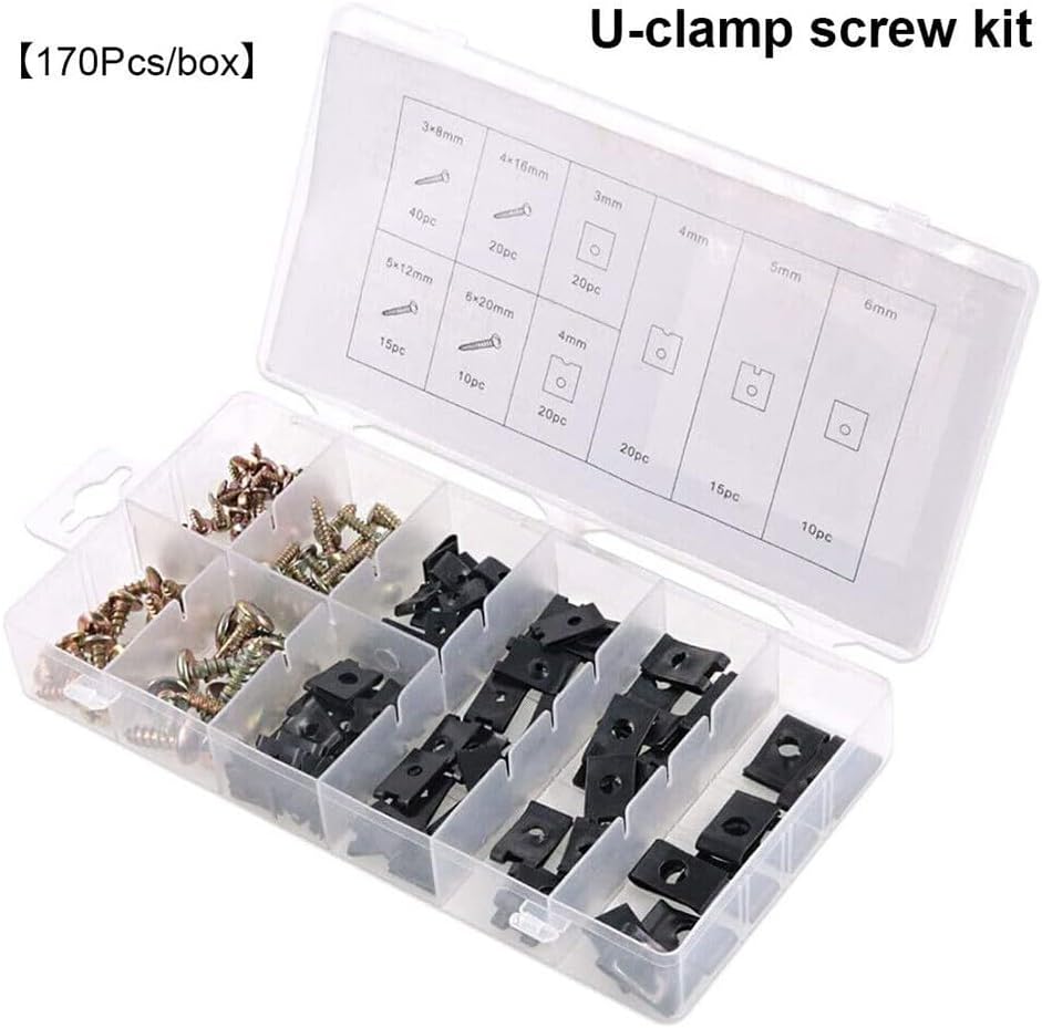170-Piece U-Clip Nut and Screw Kit for Automotive Interior Trim, Dashboard, Door Panel, and Bumper – Metal Fastener Set for Cars and Trucks (For Most Vehicles)