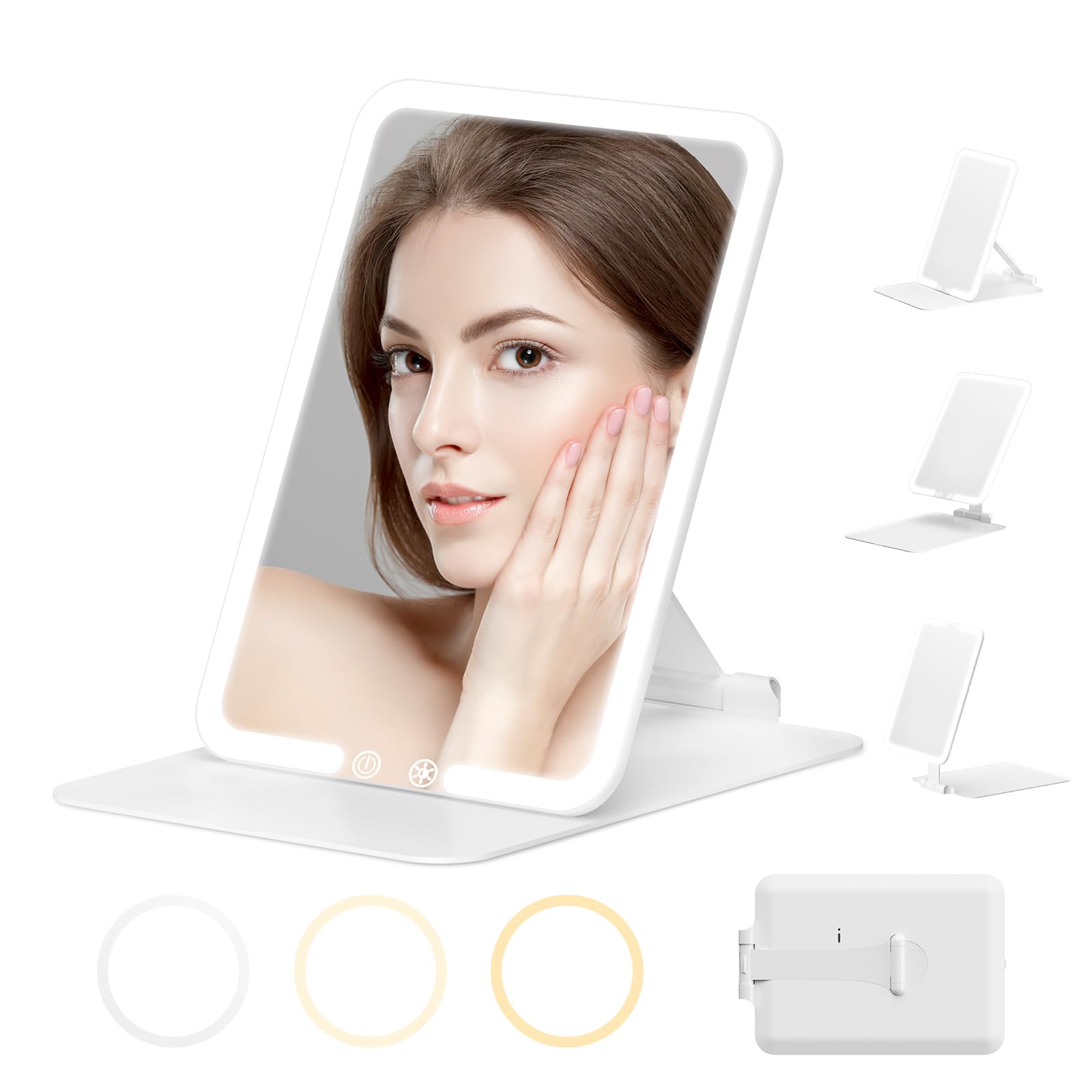 Travel Makeup Mirror with Illumination: Portable Folding Makeup Mirror with 3 Color Light Modes, Rechargeable LED Dresser Mirror