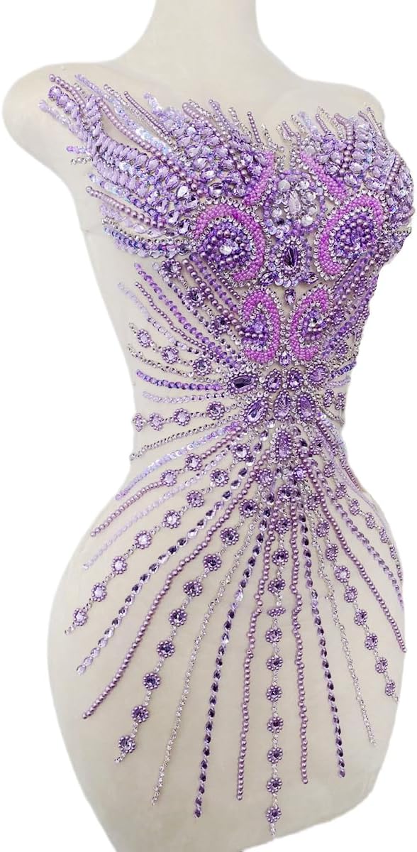 Handmade Rhinestone lace Large Bodice Applique Sewing Beads Stones Trim Patches for Dress Clothes Accessories 14.9X28.7inches (Violet)