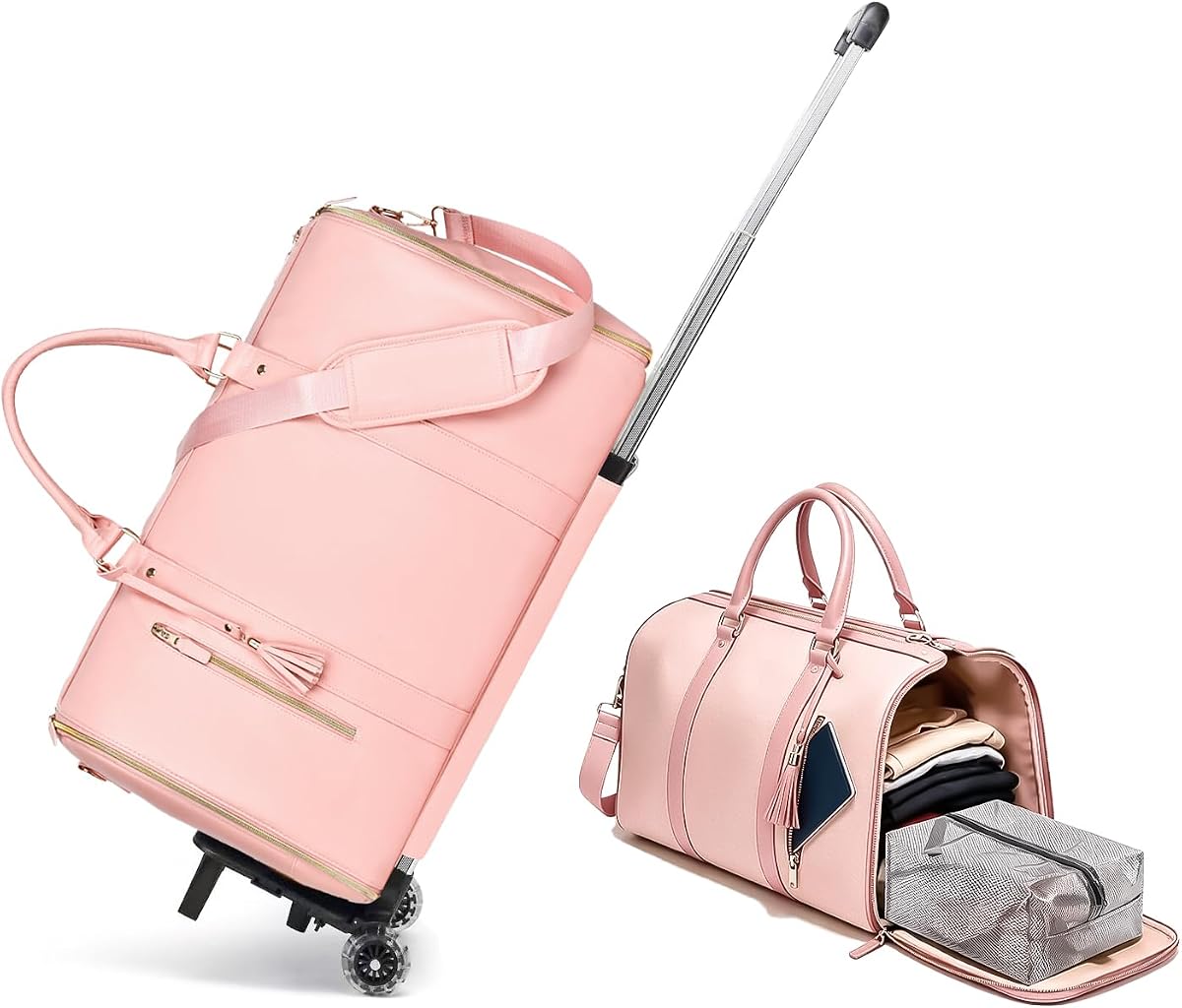Travel Garment Luggage Duffle Bag with Wheels for Women, Waterproof Pink | Capacity: 45L, Feature: waterproof, smooth zipper, with wheels, roller edition,Use: business, weekends & trips, Color: Pink