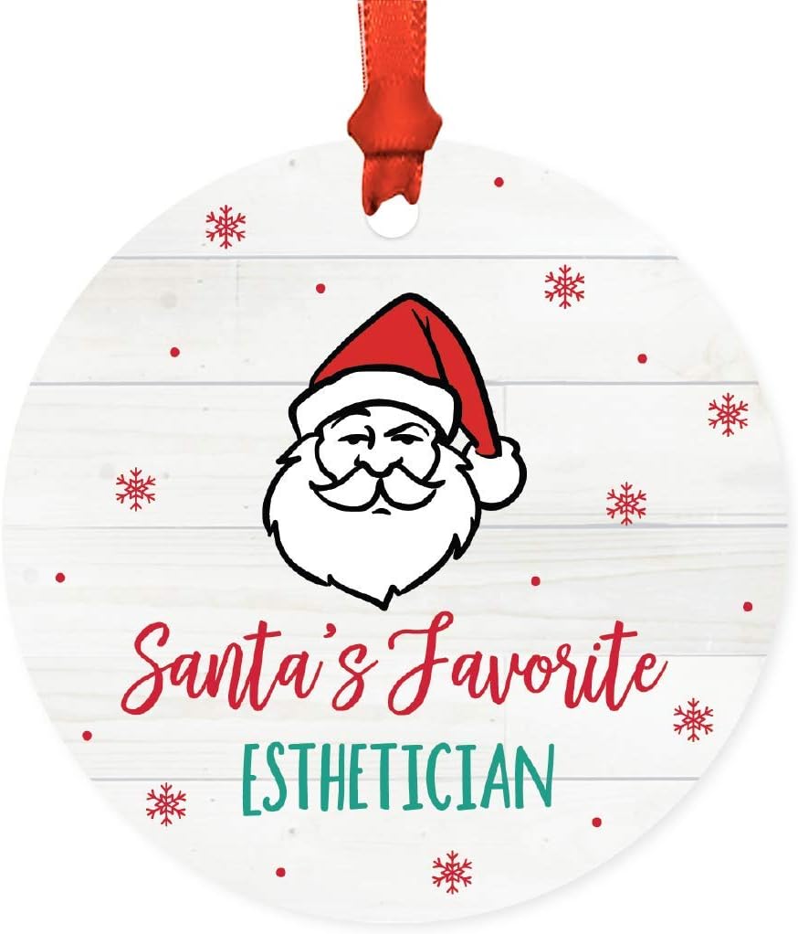 Andaz Press Santa Claus Round Metal Christmas Ornament Gag Gift Santa's Favorite Esthetician, 1-Pack White Elephant Gift Ideas Coworker Includes Bag Esthetician Christmas Ornament Esthetician Ornament