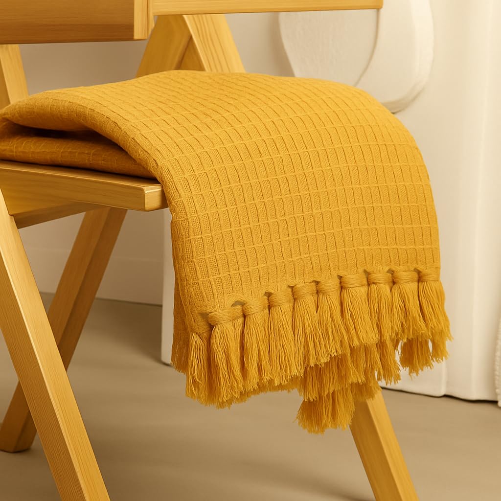Furnistitchs Bohemian Cotton Sofa Throw Blanket 50x60 inches | Waffle Knit & Chevron Pattern with Fringes | Aesthetic Decorative Couch Throw for Living Room & Bedroom (Mustard Waffle)-image-18