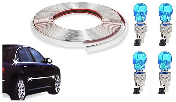 Vocado 10mm 7291 Chrome 20 Meter Side Window Beading Roll for Hyundai i20 Type 2 (2013-2014) + Vocado Skull Shaped Car Tyre LED Motion Sensor Set of 4-Blue