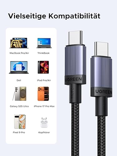 UGREEN Lot de 2 Câble USB C vers USB C PD 3.1 5A 48V 240W Cable Type C Charge Rapide Nylon Tressé Compatible avec MacBook iPad Ordinateur Portable de Jeu iPhone 17 Pro Max Air Galaxy S26 S25(2M) - 4