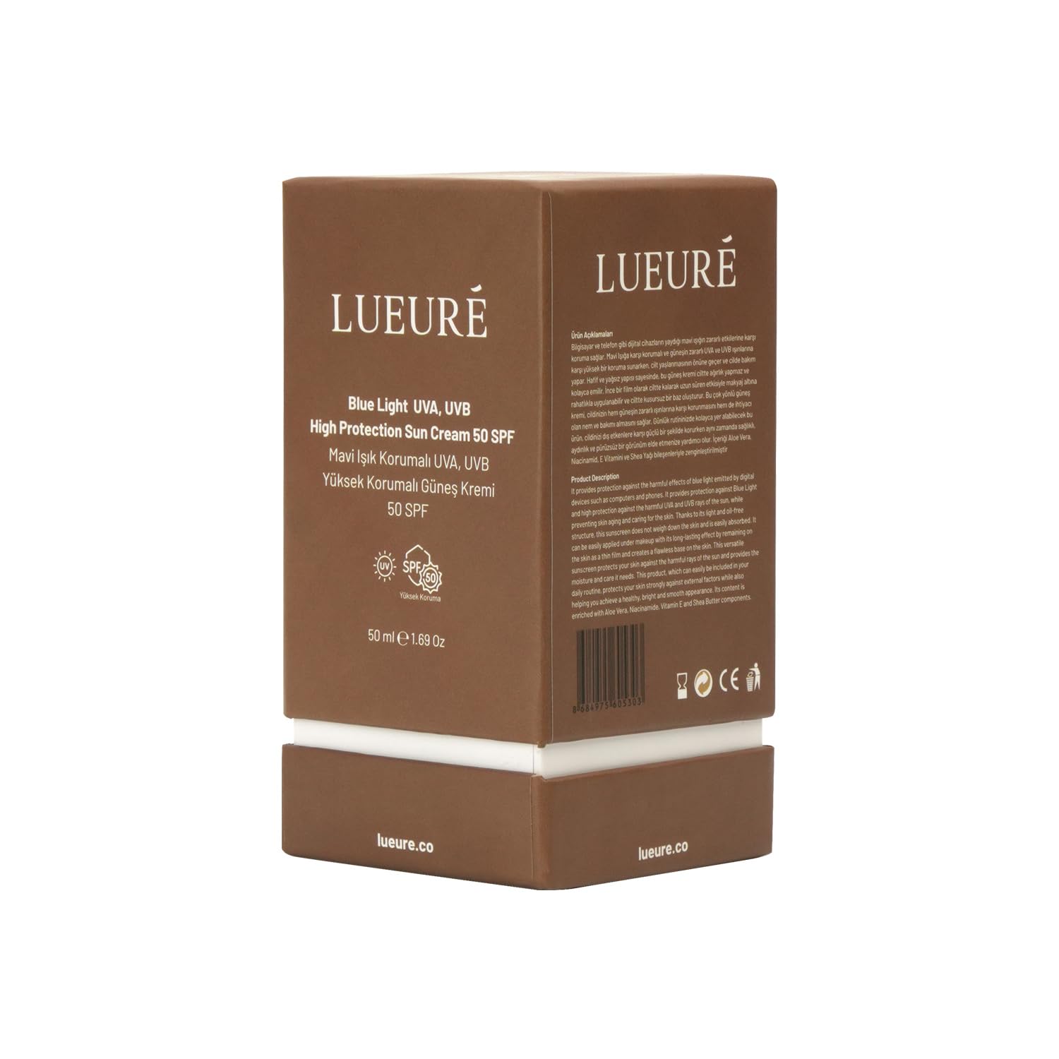 Lueuré 8,5 Saat Korumalı Mavi Işık UVA-UVB Korumalı Güneş Kremi 50SPF+