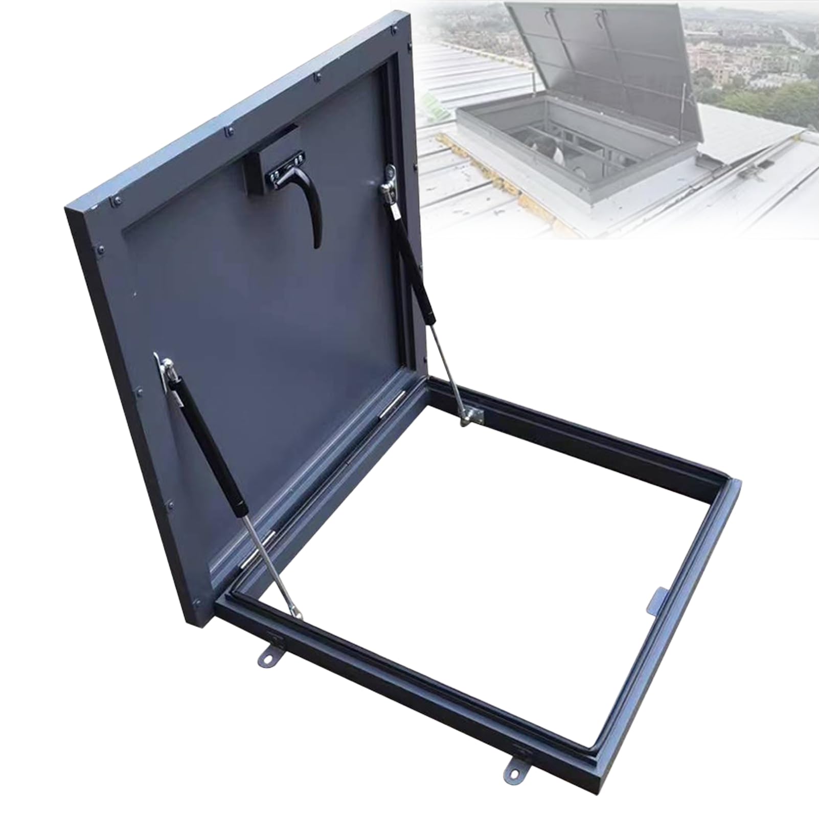 Puerta de seguridad de acero para techo con herrajes reforzados aluminio 950x950