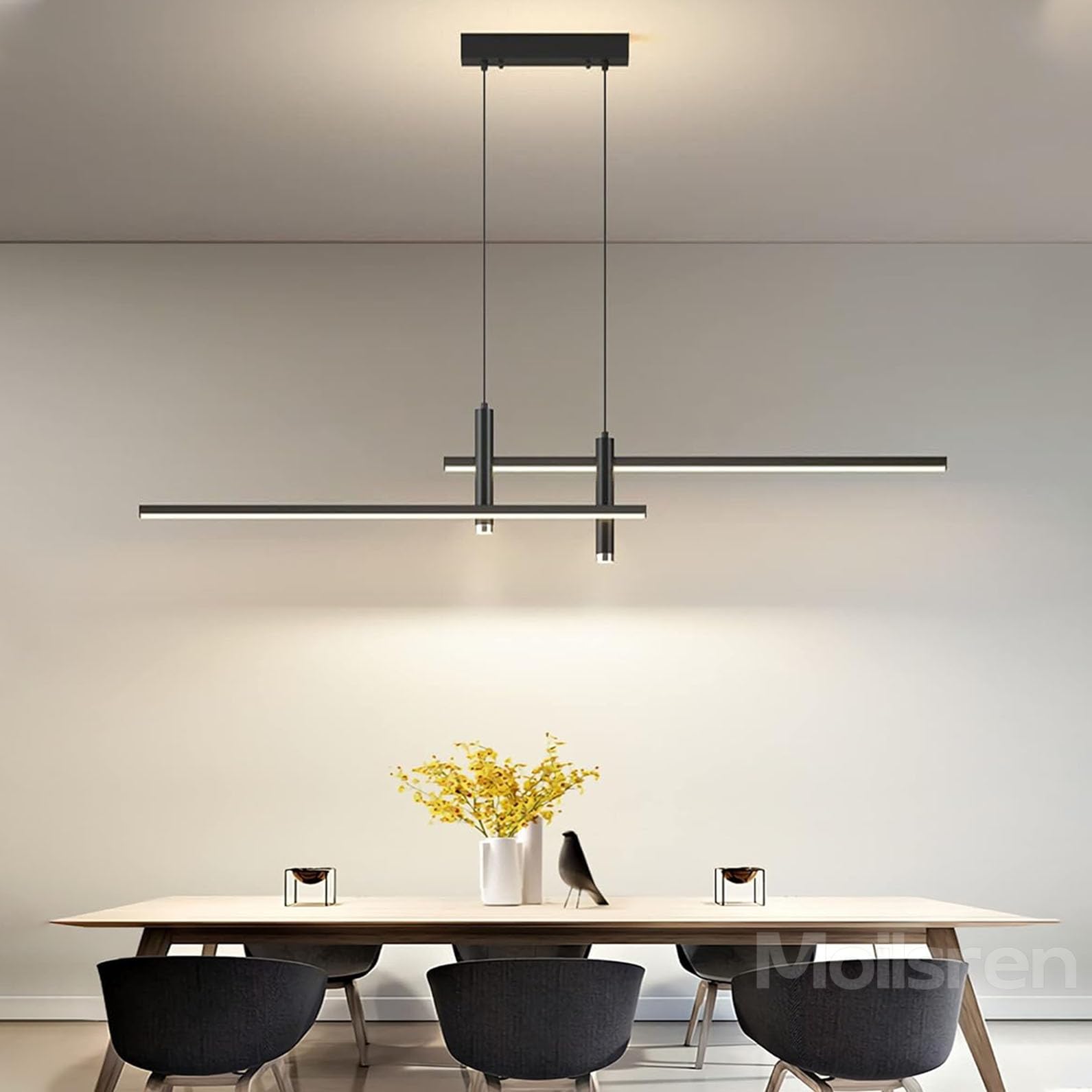 Modern LED Dimmable Pendant Light, Dining Table Lights Ceiling, Linear Chandeliers Height Adjustable, Black Kitchen Island Lights with Remote Control for Dining Room Kitchen Bar (Black, 90cm)
