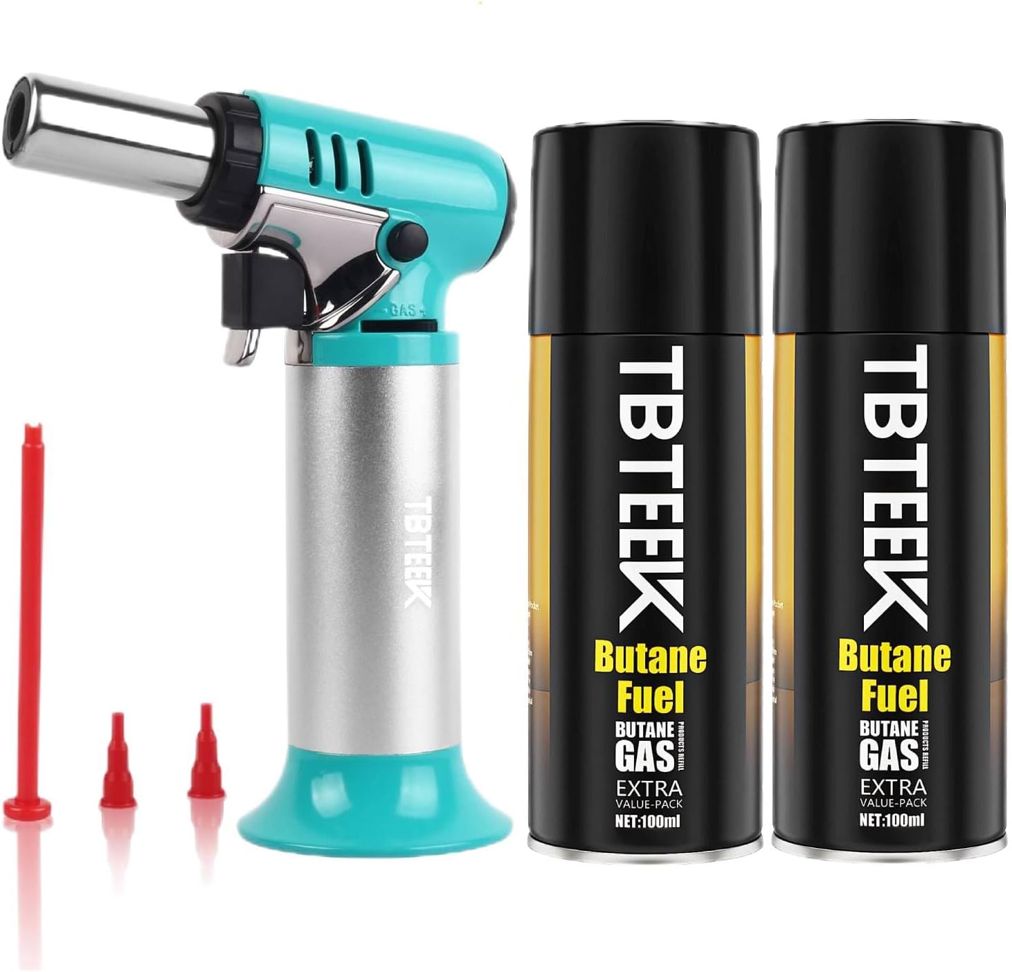 TBTeek Kitchen Torch with Butane Included, One-hand Operation Cooking Torch Lighter with Butane Refill for BBQ, Baking, Brulee Creme and Soldering, Aqua(2 Can)