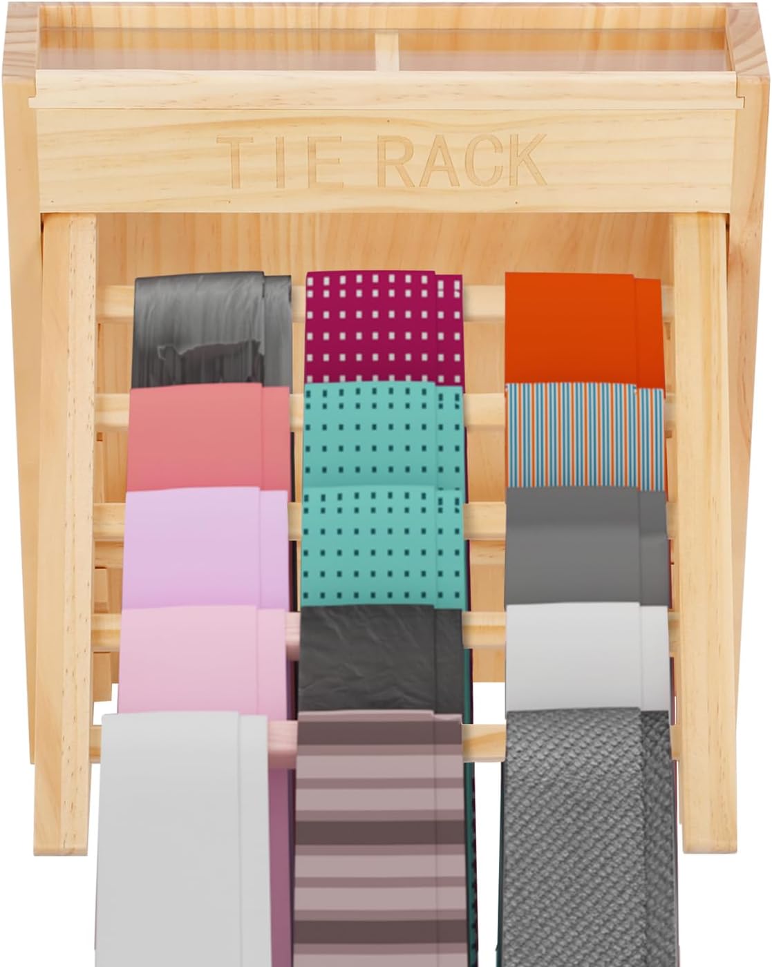 MYOYAY Tie Rack Wall Mounted Wooden Necktie Holder Tie Belt