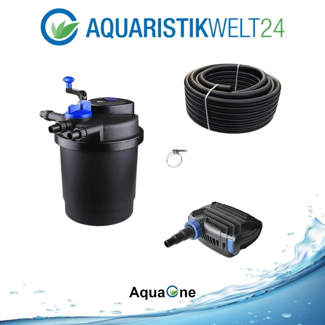 AquaOne Set di filtri per laghetto con pompa per laghetto, impianto di filtraggio CPF-2500, per laghetto fino a 6.000 litri, set completo con lampada UV Eco pompa 10 Watt, tubo per laghetto n. 17