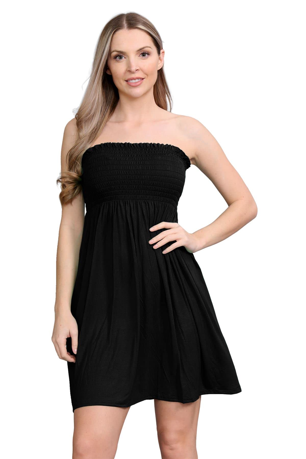 Janisramone Women's Black Janisramone® Bandeau Dress, Boob Tube Sheering Ruched Flared Mini Dress, Plain Strapless Summer Dresses, Perfect Holiday & Beach Dresses For Uk