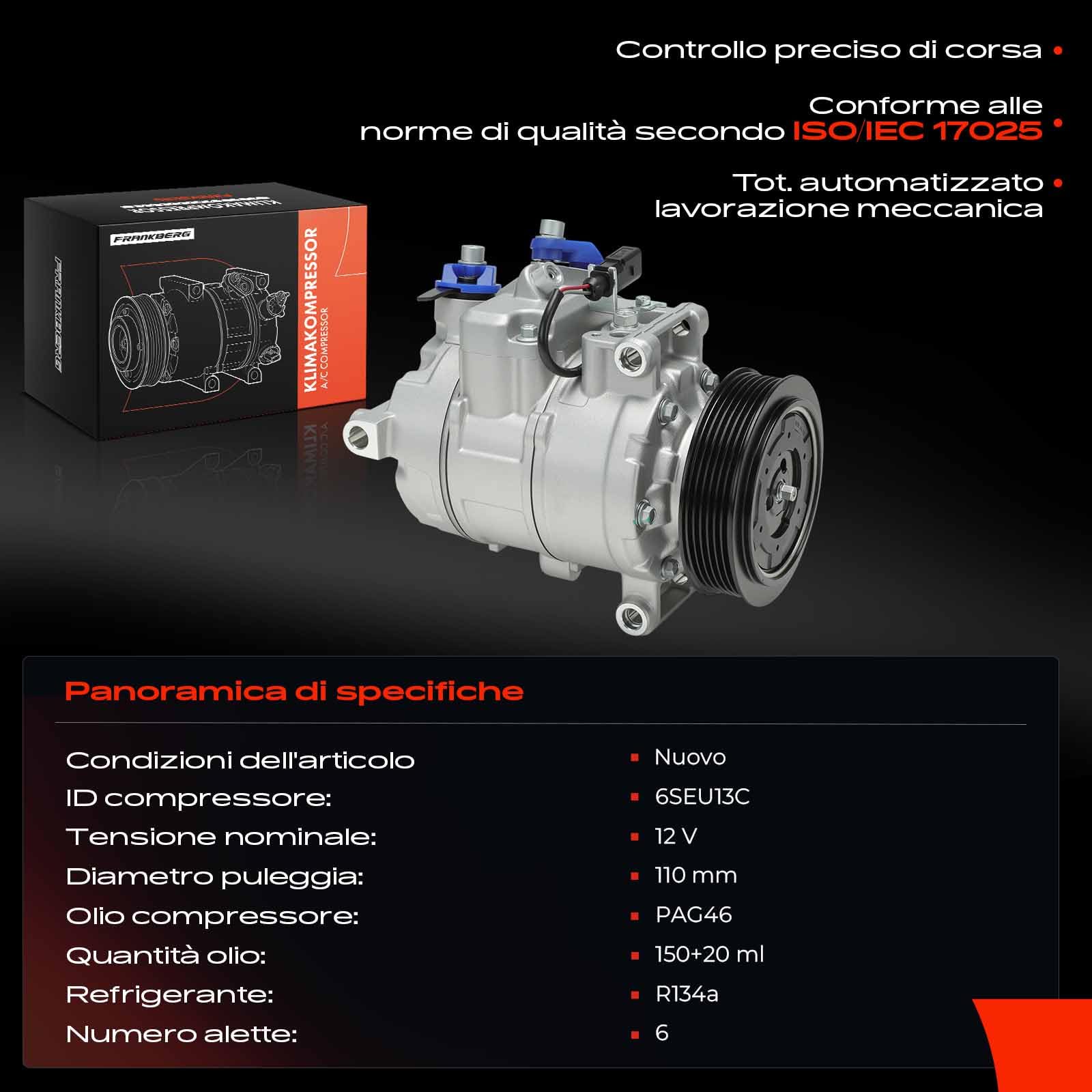Frankberg Compressore dell'aria condizionata con frizione Compatibile Fabia II A3 8P1 A6 Allroad C6 Ibiza IV Leon 1P1 1K0820803J