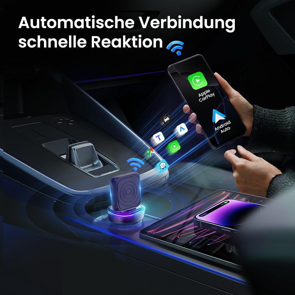 CarlinKit 2026 kabelloser CarPlay & Android Auto Adapter, Upgrade von kabelgebundener auf kabellose Verbindung, Plug & Play mit USB-A/Typ-C, Funktioniert mit iPhone iOS 10+ & Android 11.0+