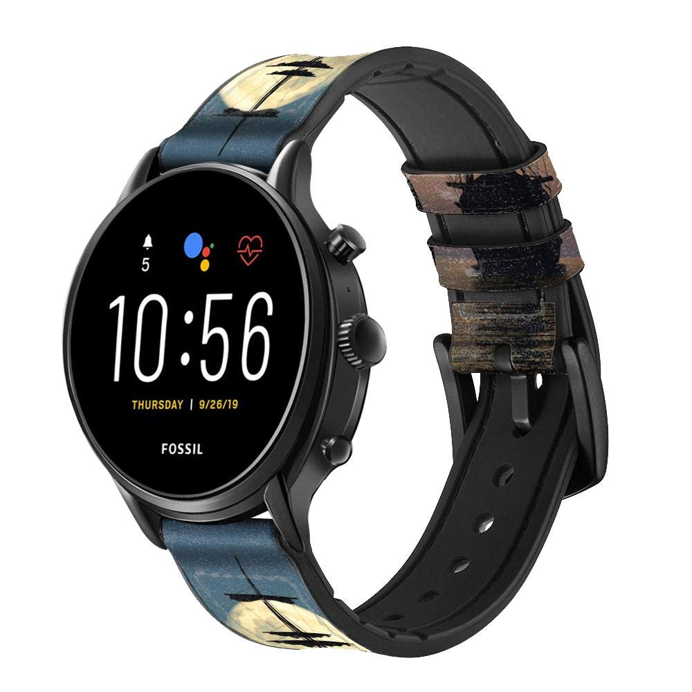 Pirate Ship Moon Night Correa de Reloj Inteligente de Cuero para Fossil Hybrid Smartwatch Nate, Hybrid HR Latitude, Hybrid Smartwatch Machine Tamaño (24mm)