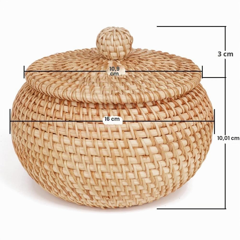 Cesta redonda de ratán con tapa, cesta de almacenamiento de ratán, para caramelos, agujas e hilo, llaves, monedas y objetos pequeños, organizador de joyas, cesta de aperitivos, organizador de