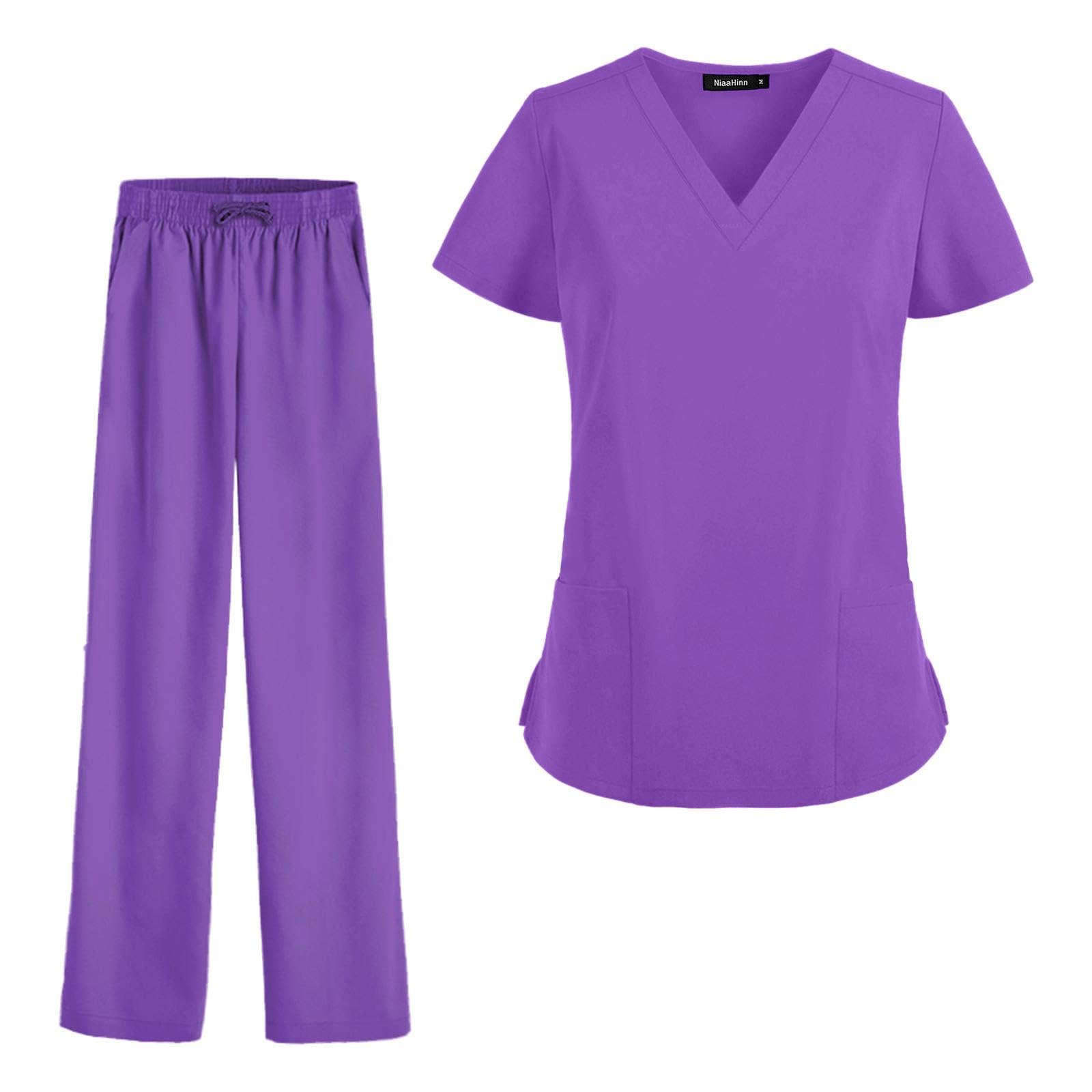 Oshhni Frauen Scrubs Sets Arbeitskleidung Kleidung Dünne Krankenpflegeuniformen Set Kurzarm für Skin Manage Cosmetology Beauty Spa Center, violett, xxL