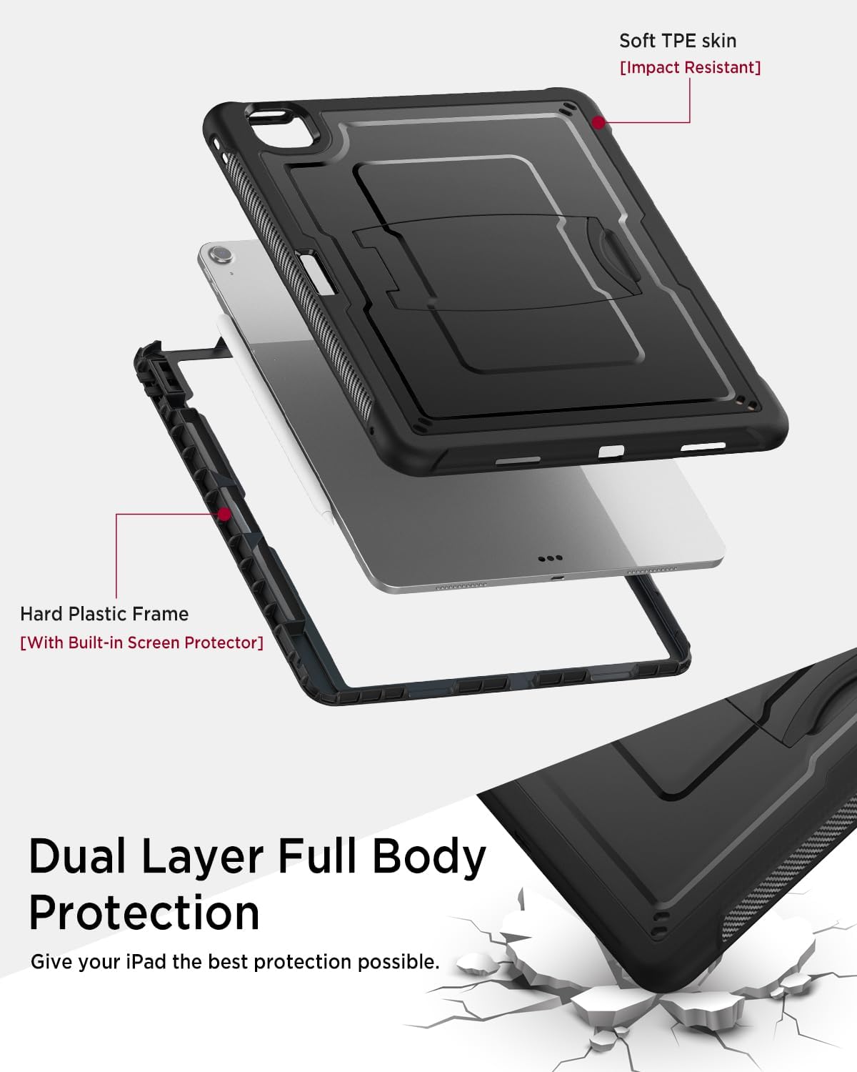 Miimall for iPad Air 13 Inch Slot Case M3 2025/ M2 2024, Heavy Duty Pencil Holder Cover with Rugged Straps Shoulder, Kick Stand, Hand/Shoulder Strap,Pencil Holder Durable Case for iPad Air 13, Black
