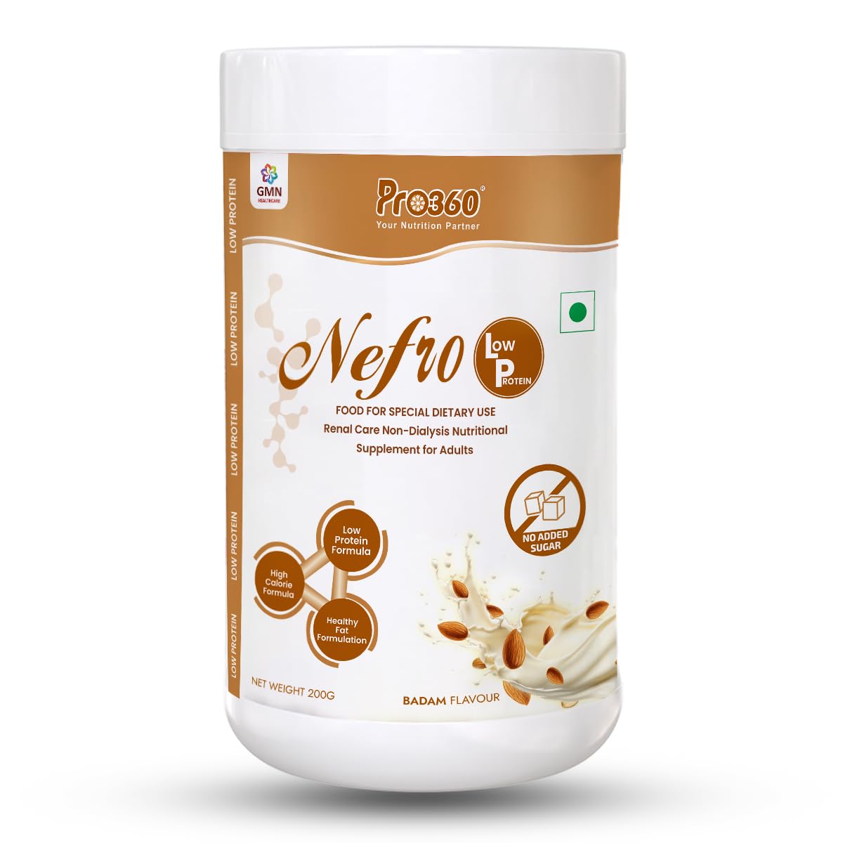 Pro360 Nefro LP - Badam Flavour 200g (New flavor), Low Protein Nutritional Supplement Powder for Kidney Renal Health, Non-Dialysis Care, Enriched with L-Taurine, L-Carnitine & Essential Nutrients