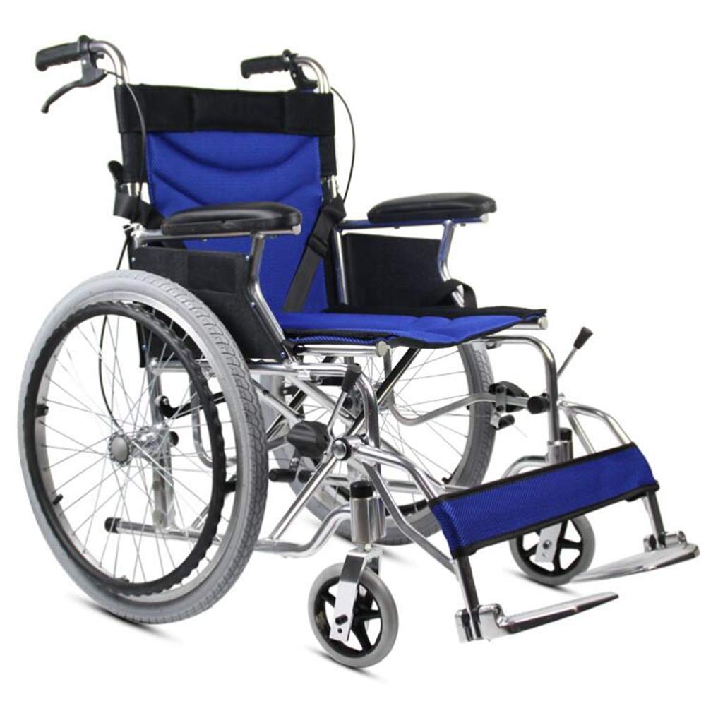 Sillas de Ruedas, Coche de Viaje con Empuje para Ancianos, Silla de Ruedas Ligera y Plegable de Aluminio con reposabrazos/pie/neumático Libre, transportador para discapacitados, portátil (Azul)