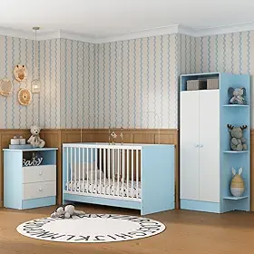 Jogo de Quarto de Bebe Infantil Completo com Colchão Incluso Trevalla Móveis Pom Pom - Azul/branco