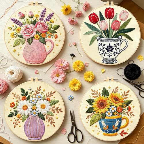 Image of BEUNITONE 4 Set Embroidery Kits for Beginners, Flower Arrangement Design with Pre-Stamped Pattern Craft Kits Include Instruction and Hoops, 7.9x7.9 Needlepoint Kits for Festival Gifts and Home Decor