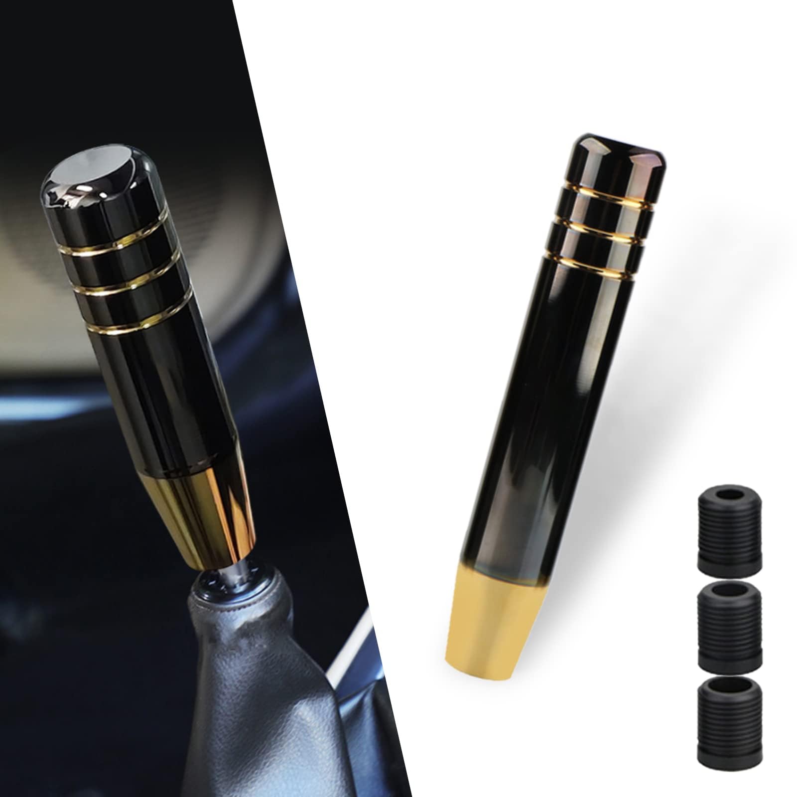 1 sztuka polerowana aluminiowa gałka dźwigni zmiany biegów samochodowych, 17,8 cm długa rękojeść zmiany biegów z 3 gwintowanemi adapterami pasuje do większości pojazdów automatycznych i