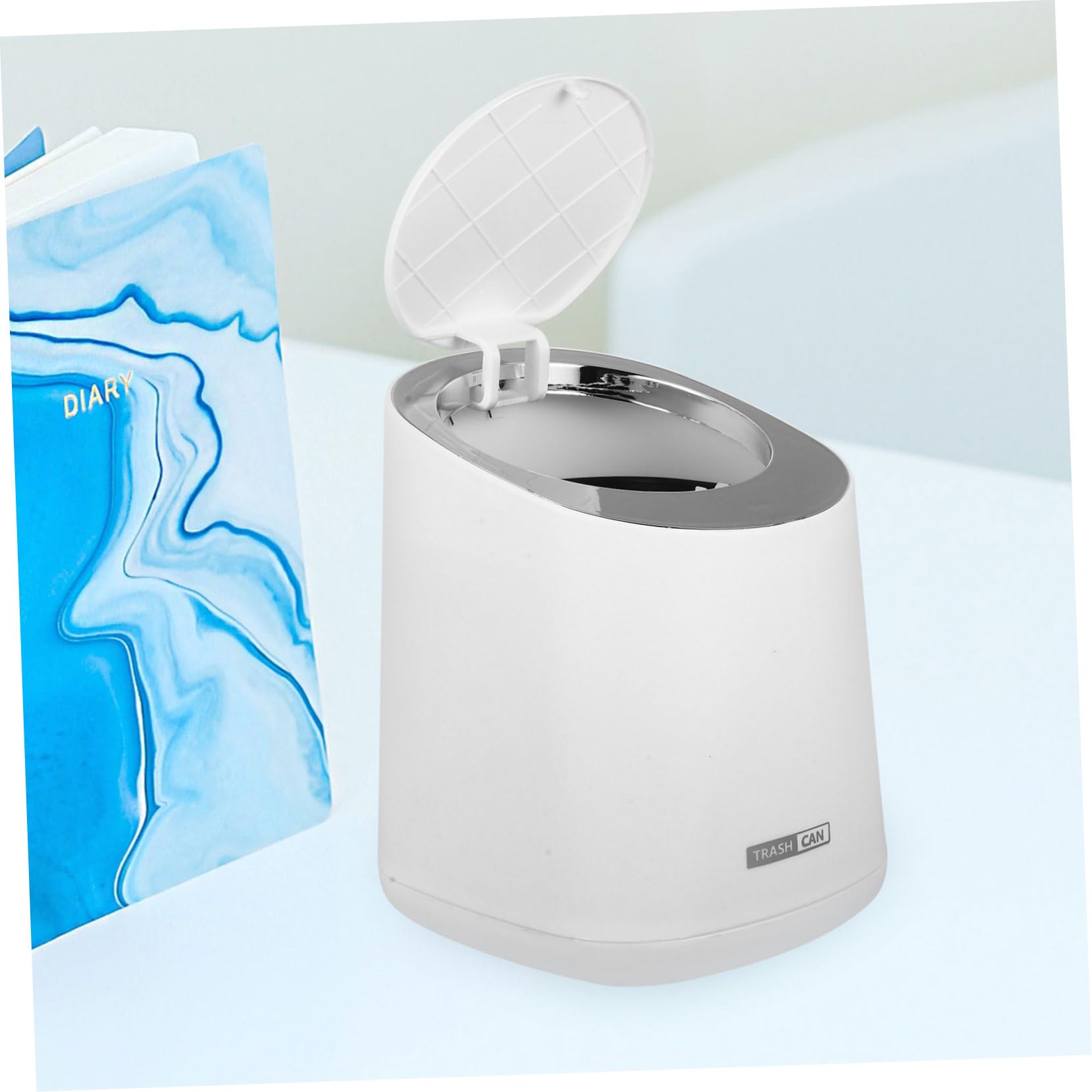 BUGUUYO Mini Desk Trash Can Lid Small Plastic Waste Holder Press Type Desktop Compost Bin for Home Office White