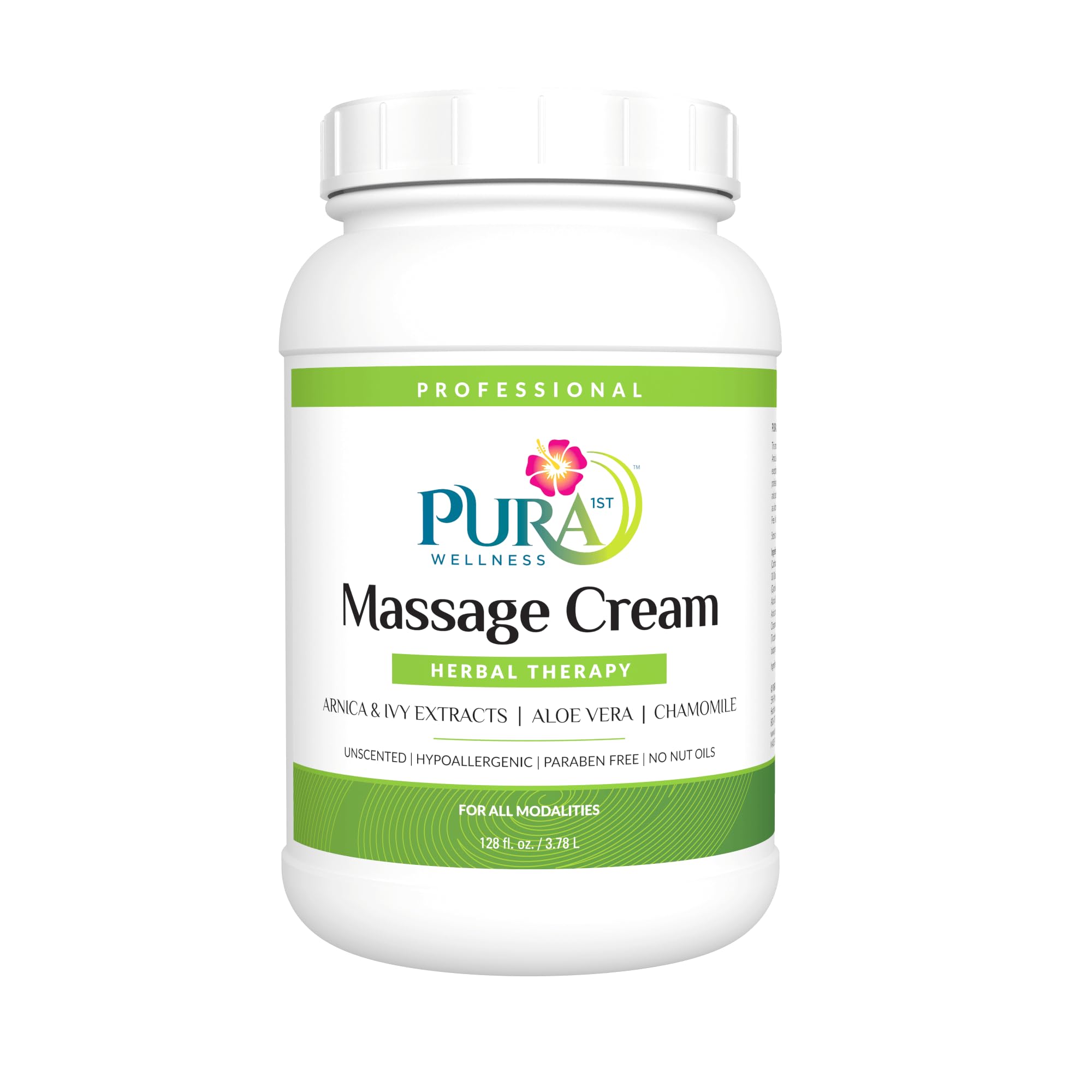 PURA 1ST Professional Herbal Therapy Massage Cream, Aloe Vera, Arnica Extract, Unscented, Hypoallergenic, Natural, Skin Moisturizing, Skin Hydrating, Deep Tissue, Wellness, Physical Therapy, 128oz Jar