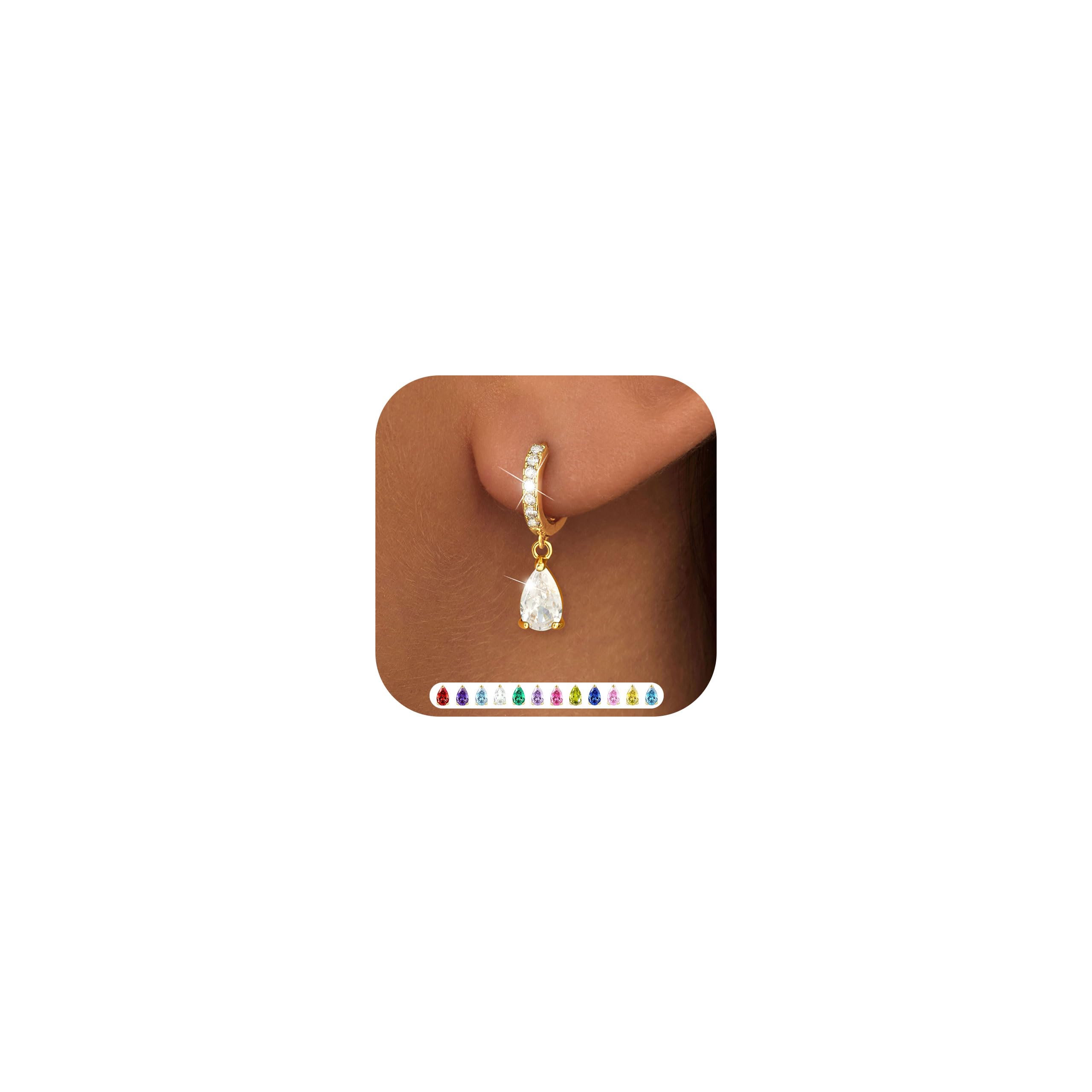 ZNBOH Orecchini Pendenti Donna Oro Placcato 18K Anallergici Piccoli Orecchini con Zirconi Pietra di nascita Smeraldo Acquamarina Ametista Moissanite Piercing Orecchio Cerchio Gioielli Regalo Donna