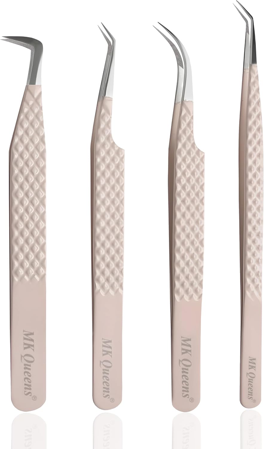 Lash Tweezers - Stainless Steel Fiber Tip Eyelash Tweezers (Set of 4) - Diamond Grip Professional Lash Tweezers for Eyelash Extensions (White)