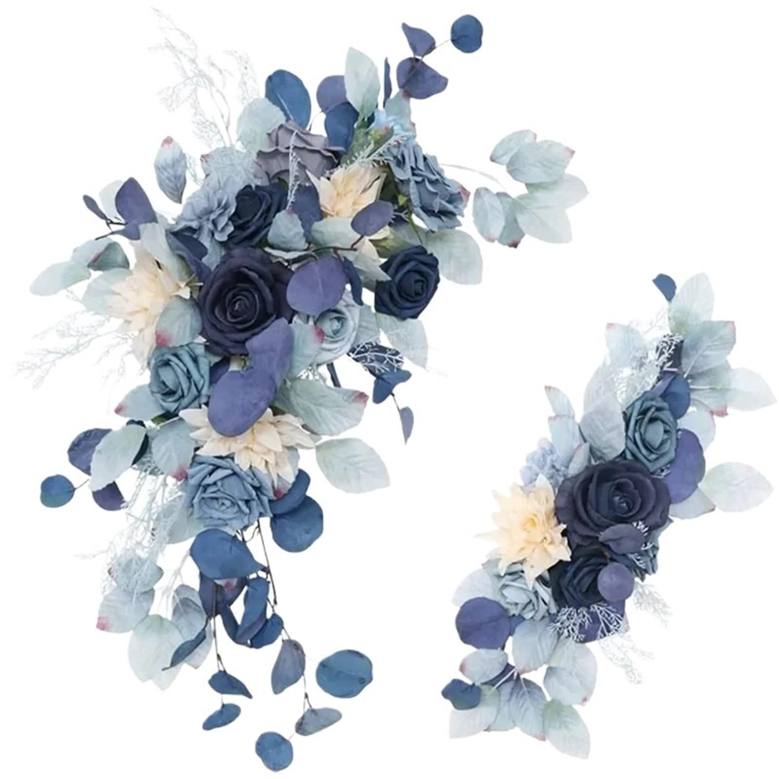 MOHUIED Artificial Floral Swags 2pc Blue Wedding Arch Flowers Artificial Flower Swag Floral Dusty Rustic Eucalyptus Greenery ForCeremony Sign Chair for Ceremony Backdrop, Fireplace and Door Decor